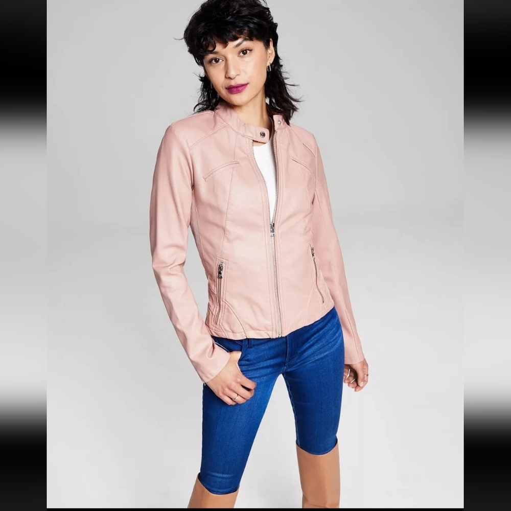Guess Faux Leather Biker Jacket Moto Coat Light Pink Full Zip Fall Winter